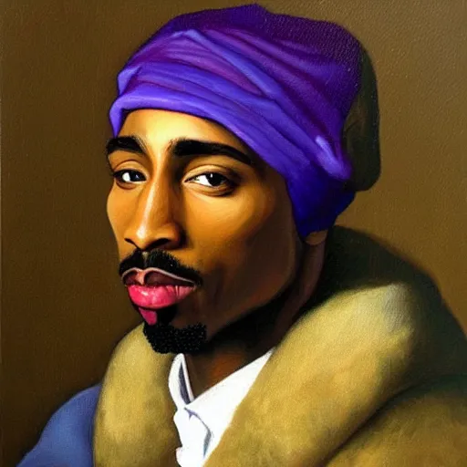 Image similar to oil painting portrait of tupac shakur in a purple suit, high quality art, oil on canvas, johannes vermeer