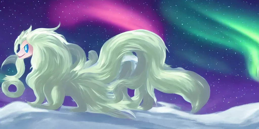 Image similar to Alolan Ninetales shiny, standing on an snowy hill with an aurora borealis in the night sky, Pokémon,