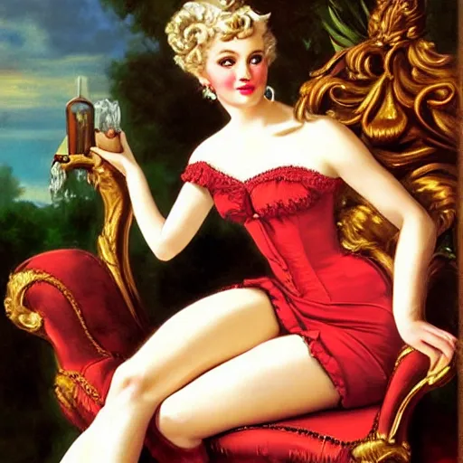 Prompt: woman sit in the chair, long hair, ultra detailed, beautiful eyes, by greg hildebrandt fancy rococo baroque oil painting high quality clothed in fancy garb in pin up style