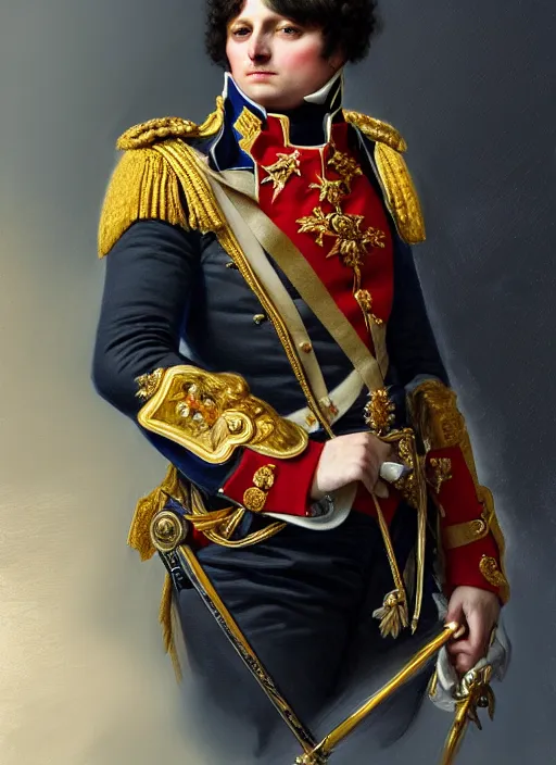 Image similar to portrait of napoleon bonaparte, royalty, extravagant, lord, full body, military uniform, fantasy, intricate, elegant, beautiful, highly detailed, charcoal, centered, dark, smokey, digital painting, artstation, concept art, art by artgerm and greg rutkowski and alphonse mucha