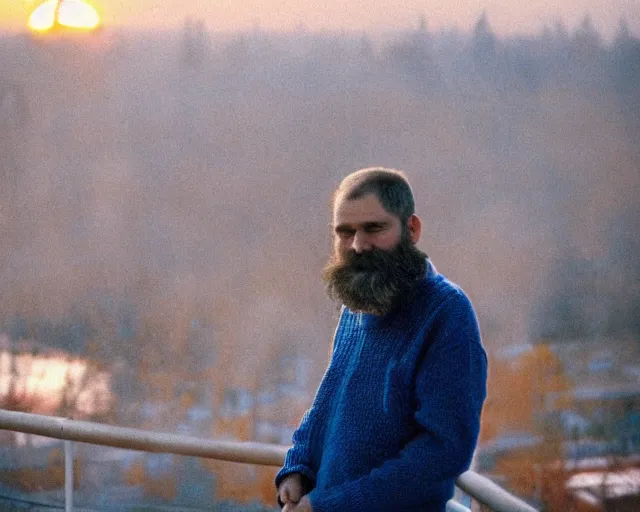 Image similar to lomo photo of 4 0 years russian man with beard and sweater standing on small hrushevka balcony full with cigarette smoke in small russian town looking at sunset, cinestill, bokeh