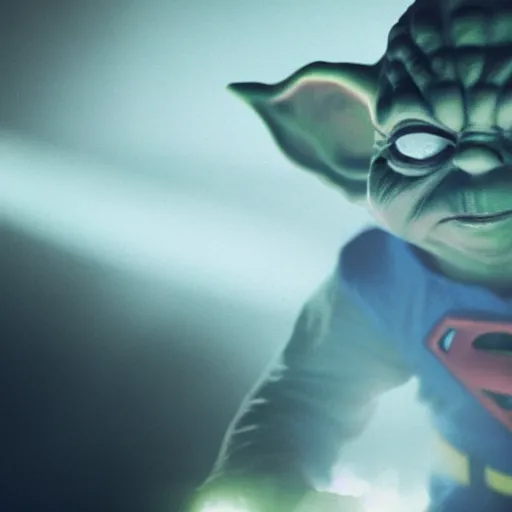 Image similar to yoda as superman, splash art, movie still, cinematic lighting, dramatic, octane render, long lens, shallow depth of field, bokeh, anamorphic lens flare, 8 k, hyper detailed, 3 5 mm film grain