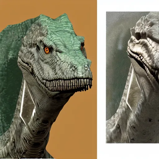 Image similar to a human but but in design of a dinosaur photo - realistic