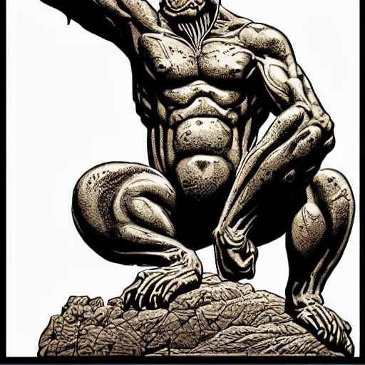 Prompt: precisely drawn illustration of a giant bronze statue shaped like a monkey, wide angle, sharp, fine details, French comic style, vibrant realistic colors, full color, heroic fantasy, intense line art, 8k, precise linework, realistic, in the style of Heavy Metal Comics and Richard Corben and Moebius