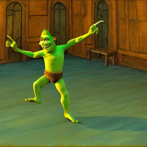 Prompt: shrek doing ballet, painting, style of van gogh, 4k, unreal engine, artstation