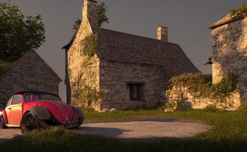 Image similar to a vw beetle parked near a small medieval stone house at sunrise, concept art, octane render, unreal engine 5, trending on artstation, high quality, 8 k, soft lighting, path traced, hyperrealistic, highly detailed, digital art, symmetrical, cinematic, high coherence, godrays