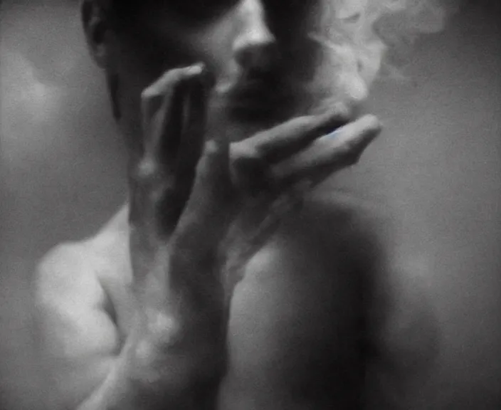 Prompt: mysterious scene of male transformation // detailed smoke, natural soft pale skin, innocence, sophisticated hands // noir, german expressionism, 20 century photography // old 35mm double-exposure photo, award-winning photography, grainy, cinematic, atmospheric, high contrasted // slightly erotic, eerie, sophisticated and unsearchable masterpiece, deep shadows, balanced composition // depth of field, ambient occlusion, motion blur, HD, intricate details, sharp focus, natural textures, long exposure