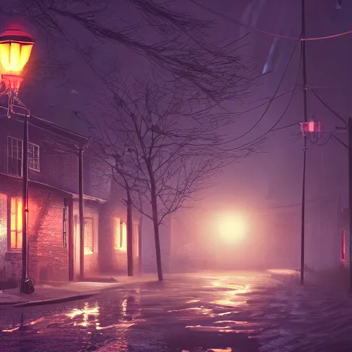 Prompt: a beautiful dark rural city ally at night, there are lanterns reflecting in the cold rain, trending on artstation, 4k