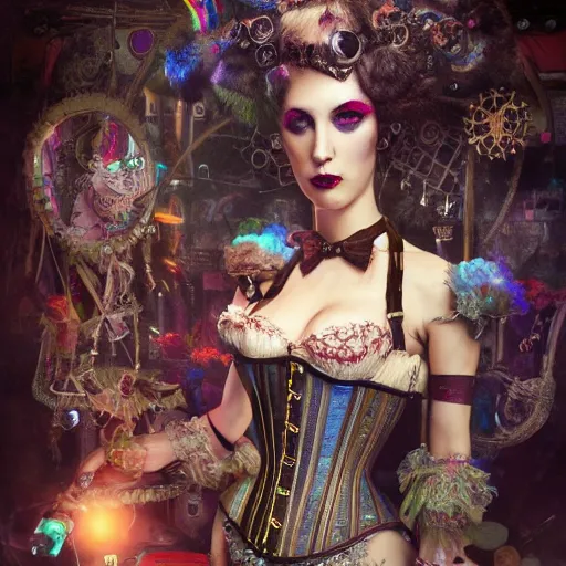 Image similar to photorealistic render of a curiosities carnival, single young beautiful dollpunk posing in a full steampunk corset, cyberpunk dyed haircut, looking at camera, symmetry accurate features, focus, rainbow lighting, very intricate details, award winning masterpiece, by tom bagshaw