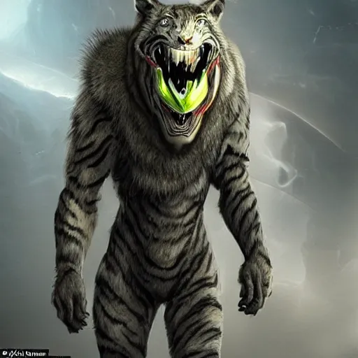 Image similar to a humanoid with cat-like features, yellow eyes, teeth that protrude past the lower lip (sort of like a saber-tooth tiger) and fine grayish fur on their faces and backs of their hands wearing futuristic alien armor and carrying weapons, octane,