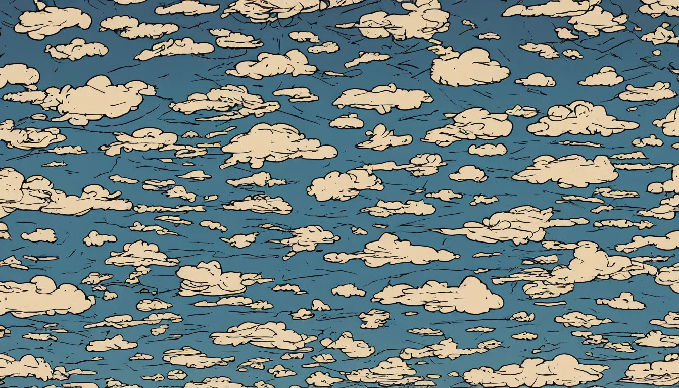 Image similar to clouds in the shape of charlie brown light rays by dan mumford and peter doig and hey arnold, symmetrical, minimal, black ink, thick lines highly detailed, muted colours 8 k