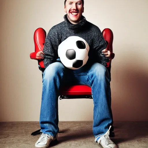 Prompt: realistic photoshoot for a gaming chair, a goofy man short hair is standing by the chair with a soccer ball in his arms, maniacal smile, color film photography, portrait of a beautiful person, in style of Campbell Addy, 35mm