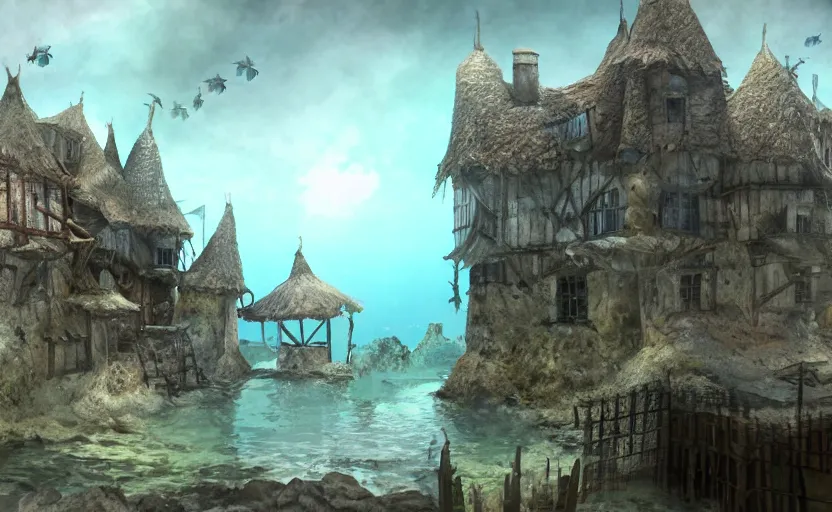 Prompt: underwater medieval village, concept art, render, blender