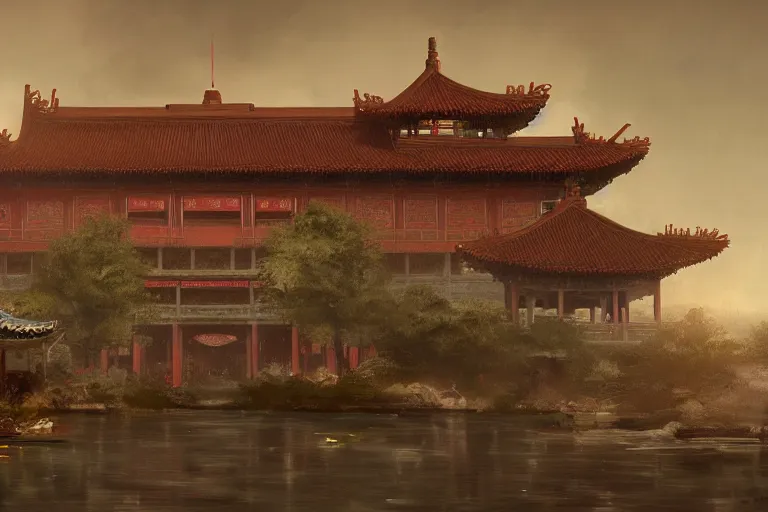Image similar to Chinese palace, cinematic lighting, dramatic atmosphere, by Craig Mullins, 4k resolution, trending on artstation
