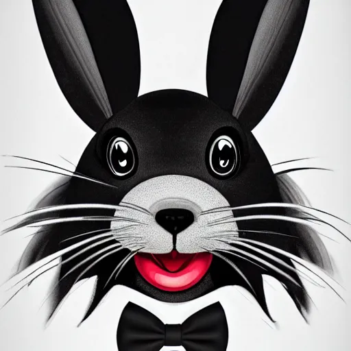 Image similar to A extremely highly detailed majestic hi-res beautiful, highly detailed head and shoulders portrait of a scary terrifying, horrifying, creepy black cartoon rabbit with a bowtie and scary big eyes, earing a shirt laughing, hey buddy, let's be friends, in the style of Walt Disney