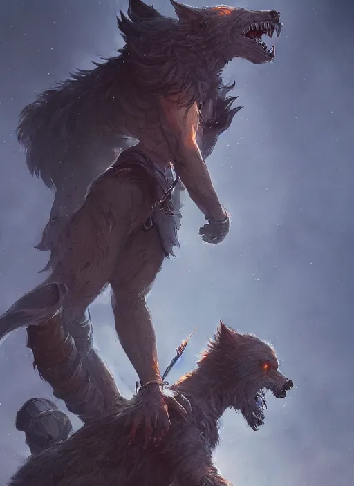 Image similar to a small girl mage sitting on the shoulder of a werewolf guardian, ultra detailed, fantasy, dramatic lighting, trending on artstation, award - winning, artgerm and greg rutkowski, 8 k