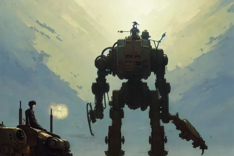 Image similar to dieselpunk, giant robot, painted by greg rutkowski makoto shinkai takashi takeuchi studio ghibli, akihiko yoshida