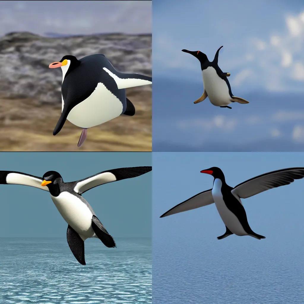 Prompt: a large winged penguin flying, 8 k, ultra detailed