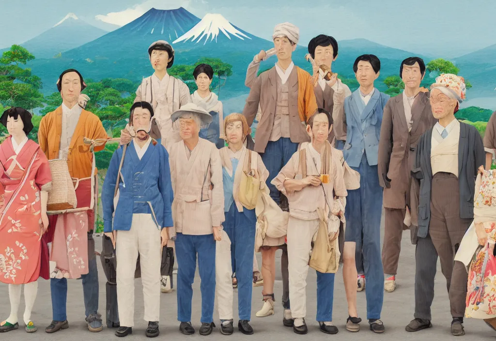 Image similar to full body portrait of a group, a row of a several european tourists standing with a variety of poses and props, several character designs, rural japan, a detailed painting, in the style of wes anderson, lola dupre, david hockney, isolated on negative white space background dark monochrome neon spraypaint accents volumetric octane render