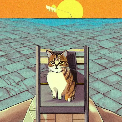 Prompt: A tabby cat seated on a throne inside the Great Pyramid of Giza illustration by Hayao Miyazaki, trending on Artstation