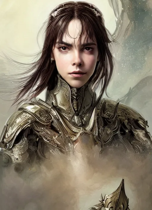 Image similar to a professional portrait of a beautiful young female, clothed in ethereal battle armor, olive skin, long dark hair, beautiful bone structure, symmetrical facial features, intricate, elegant, digital painting, concept art, smooth, sharp focus, finely detailed, illustration, from Valerian and the City of a Thousand Planets, in the style of Ruan Jia and Mandy Jurgens and Artgerm and Greg Rutkowski and William-Adolphe Bouguerea