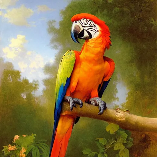 Prompt: Painting of A macaw parrot. Art by william adolphe bouguereau. During golden hour. Extremely detailed. Beautiful. 4K. Award winning.