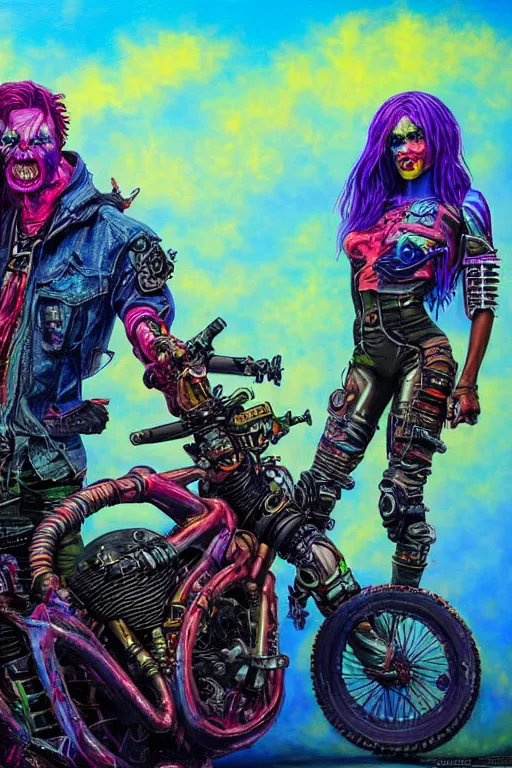 Prompt: a scifi post apocalyptic orc biker and his girlfriend posing with a motorcycle, psychedelic vibrant colors, futuristic punk rock fashion, oil painting by michael whelan art, sharp focus, realistic, highly detailed, 8 k