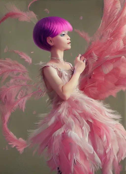 Prompt: beautiful little girl with an pink eccentric haircut wearing an dress made of feathers dancing on stage, artwork made by ilya kuvshinov, inspired in donato giancola, hd, ultra realistic, reflection, flowers, light, realistic face, bird