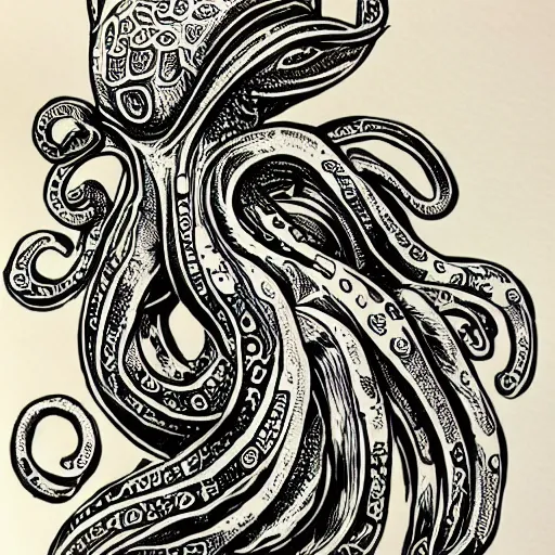 Prompt: a cross between a cat and an octopus, realistic, detailed, linocut