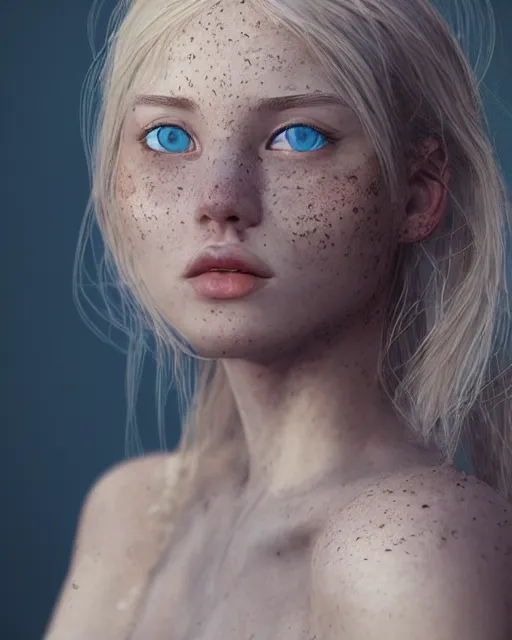 Image similar to portrait of a pretty russian girl, blue eyes, freckles, blonde hair, half korean, au naturel, hyper detailed, digital art, trending in artstation, cinematic lighting, studio quality, smooth render, fluorescent skin, unreal engine 5 rendered, octane rendered, art style by klimt and nixeu and ian sprigger and wlop and krenz cushart