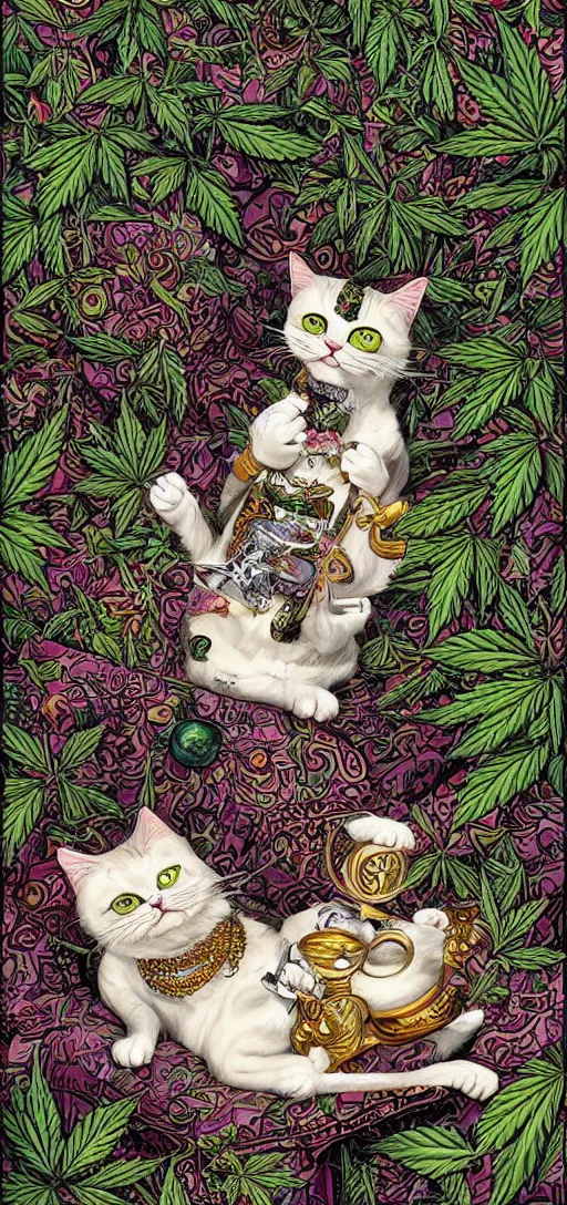 Image similar to ”happy smiling cat holding a marifuana joint while sitting high on a sofa, marijuana leaves swirling in the background, [ultra detailed, contrast, ornate and intricate, art by joe fenton]”