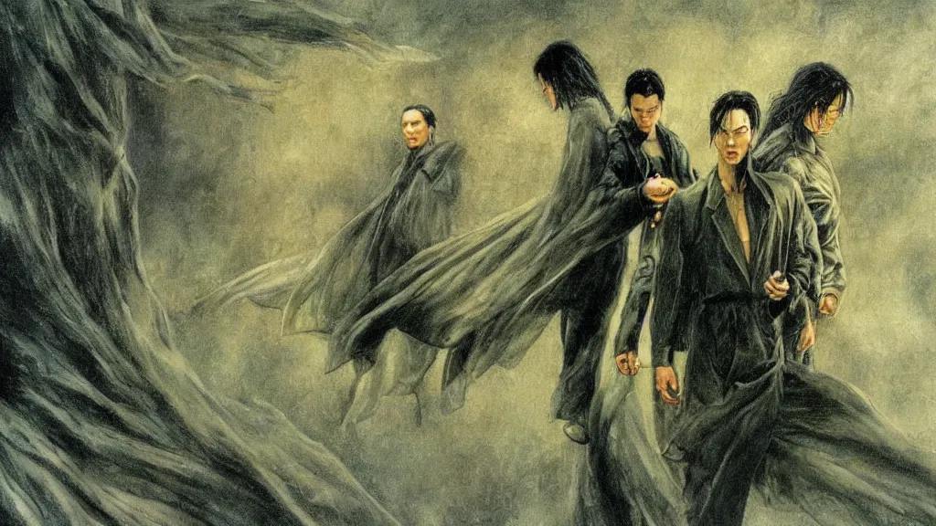 Prompt: an oil painting in the style of alan lee depicting the matrix ( 1 9 9 9 )