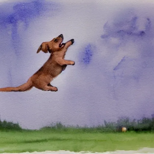 Image similar to a dog jumping to catch a frisbee in a field, watercolor