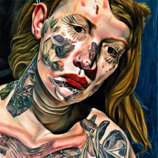 Image similar to high quality high detail painting by lucian freud, hd, exaggerated portrait of punk tattooed girl, photorealistic lighting