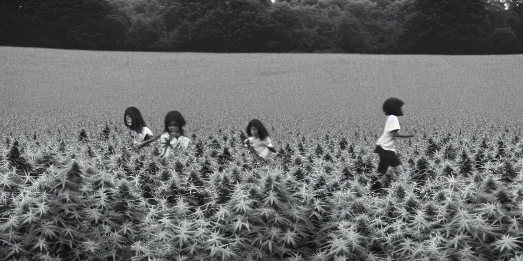 Prompt: a black and white photograph of children running through a field of cannabis plants towards the camera, in the british countryside on a dusky summer evening, analogue photography, film grain, kodachrome, high contrast, daido moriyama, 1 9 9 0 s photography