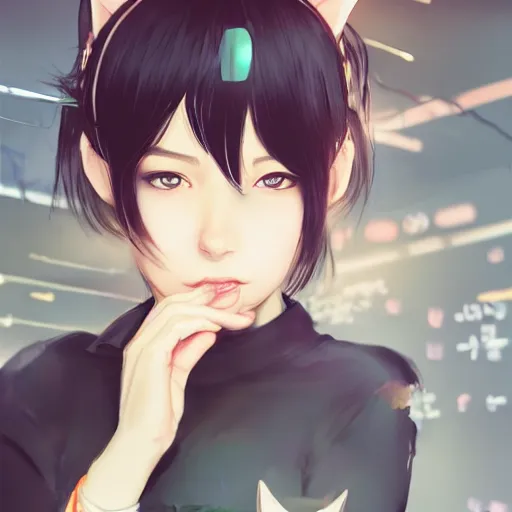 Prompt: girl with cat ears in a biology lab, by WLOP, by Artgerm, by Yoshitaka Amano, by Ilya Kuvshinov, digital art, trending on artstation, beautiful lightning, atmospheric, fantasy