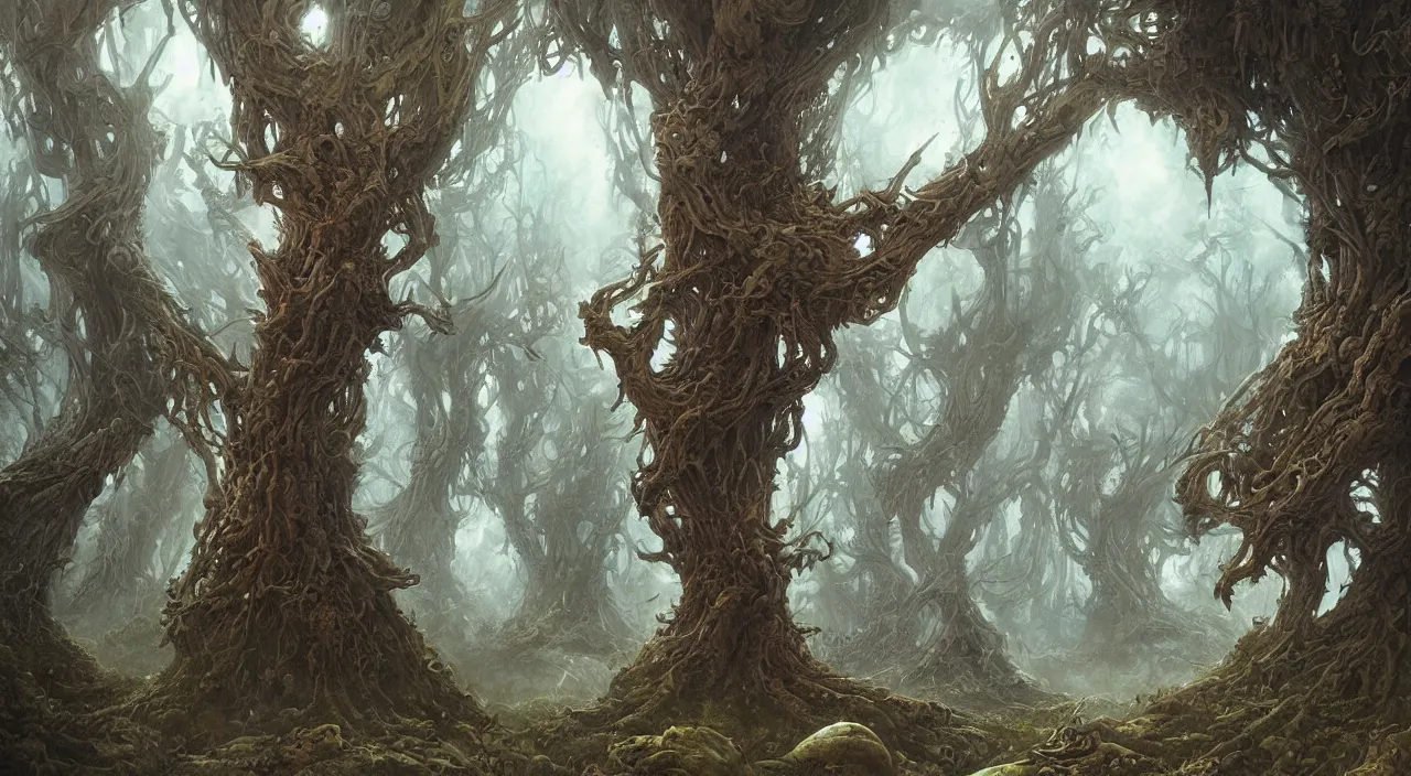 Image similar to a finely detailed painting of an ancient forest in the style of Peter Mohrbacher and Peter Gric