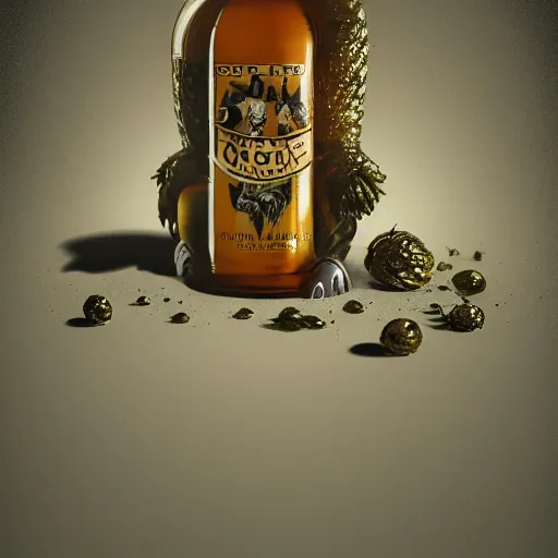 Image similar to hop cone juice, new england ipa, highly detailed silver nitrate photo, gold accents, smoky bar, surreal, intricate complexity, horror, trending on art station, photoreal, 8 k, octane render