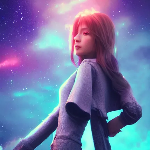 Image similar to beautiful girl galaxy background character concept style trending on artstation concept art detailed octane render cinematic photo-realistic 8k high detailed