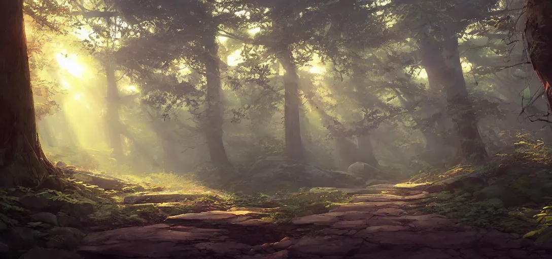 Image similar to concept art by sylvain sarrailh, inside a mystic forest a lonely abandonned japaneese temple surrounded by vegetation, a stone path, sunshafts