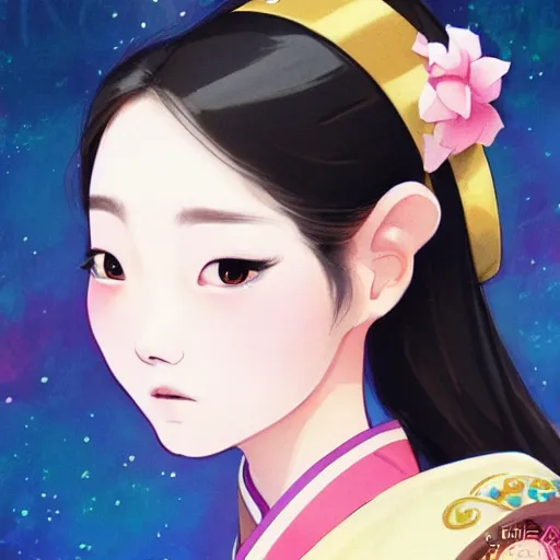 Image similar to pretty korean woman wearing beatiful hanbok, face by artgerm, bright pastel colors, studio ghibli painterly style, trending on artstation, tarot card