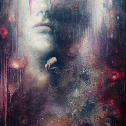 Image similar to cyberpunk dreaming by eugene von bruenchenhein, peter lindbergh, sam spratt, michael page, alyssa monks, julie heffernan, glenn brown, naoto hattori, brian froud, nicola samori, paolo roversi, kilart, 8 k, hyper detailed, hyper realism, acrylic paint, surrealism, smooth, sharp focus