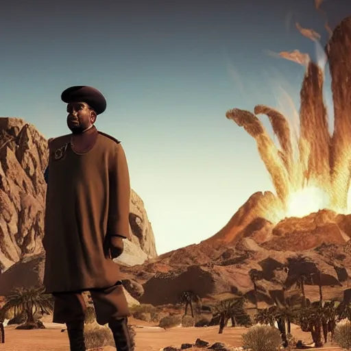 Image similar to kanye west as muammar kadhafi as emperor napoleon in fallout new vegas, splash art, movie still, detailed face, cinematic lighting, dramatic, octane render, long lens, shallow depth of field, bokeh, anamorphic lens flare, 8 k, hyper detailed, 3 5 mm film grain