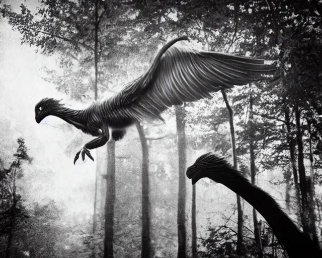 Image similar to hyper realistic vintage photograph of a real feathered velociraptor in a forest, ultra detailed, grain, old, monochrome, sepia toned, realistic lighting, wide angle, prehistoric planet