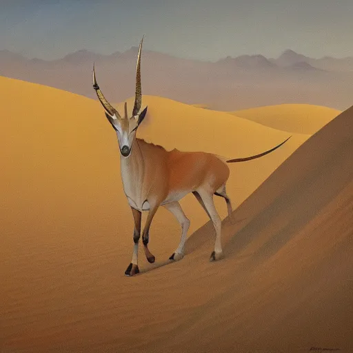 Prompt: golden oryx walks in the desert against the backdrop of a large sand dune, dawn, oil painting style,