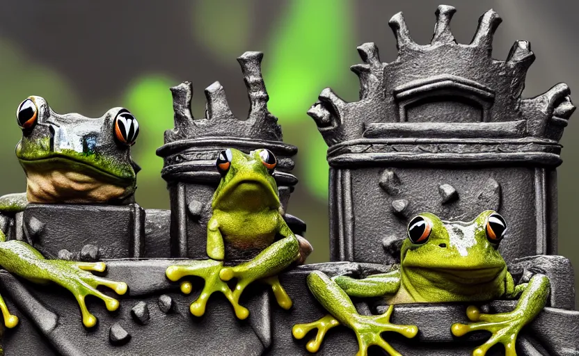 Image similar to happy frogs at a medieval throne castle, highly detailed, extremely high quality, hd, 4 k, 8 k, professional photographer, 4 0 mp, lifelike, top - rated, award winning, cinematic, realistic, detailed lighting, detailed shadows, sharp, no blur, edited, corrected, trending