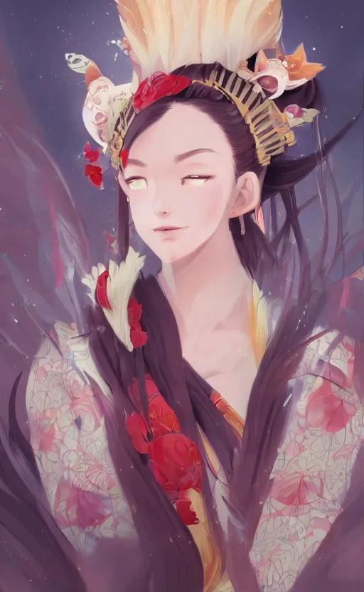 Prompt: A beautiful digital painting of a beautiful young woman with fox ears and nine tails wearing a kimono, anime, visualartzi, Janapese, concept art by Karla Ortiz, James Paick, Charlie Bowater, Krenz Cushart, trending on artstation, cgstudio