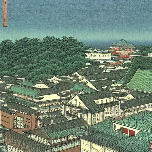 Prompt: a city full of various plants, Kawase Hasui,