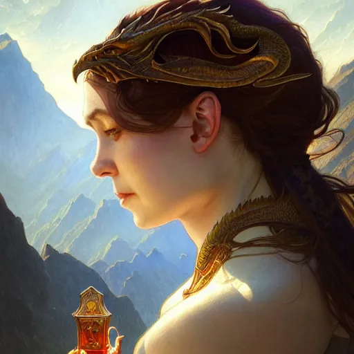 Image similar to portrait of a dragon watching the world underneath, mountains, d & d, fantasy, intricate, elegant, highly detailed, digital painting, artstation, concept art, smooth, sharp focus, illustration, art by artgerm and greg rutkowski and alphonse mucha