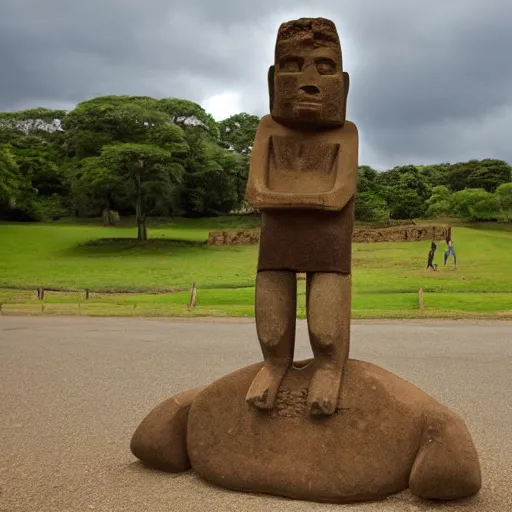 Image similar to man with a moai head doing a kickflip over the words'off - topic